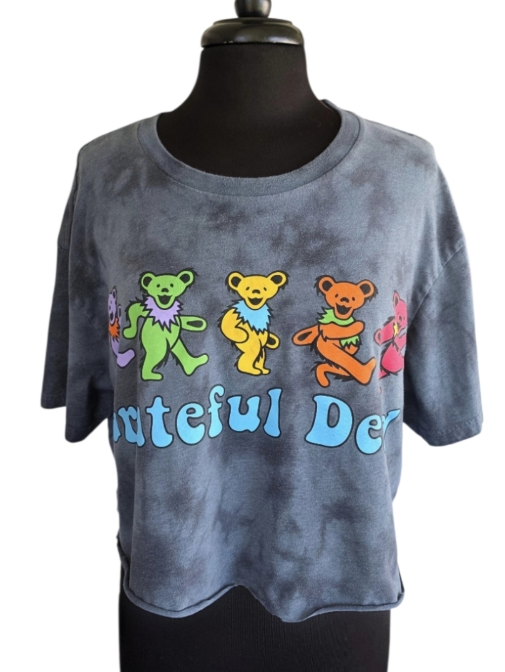 Grateful Dead Cropped T-shirt Charcoal Tie-Dye Tee Colorful Dancing Bears